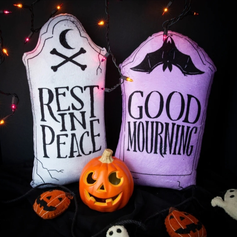 Halloween Tombstone Pillow Good Morning Horror Purple Wax Moon